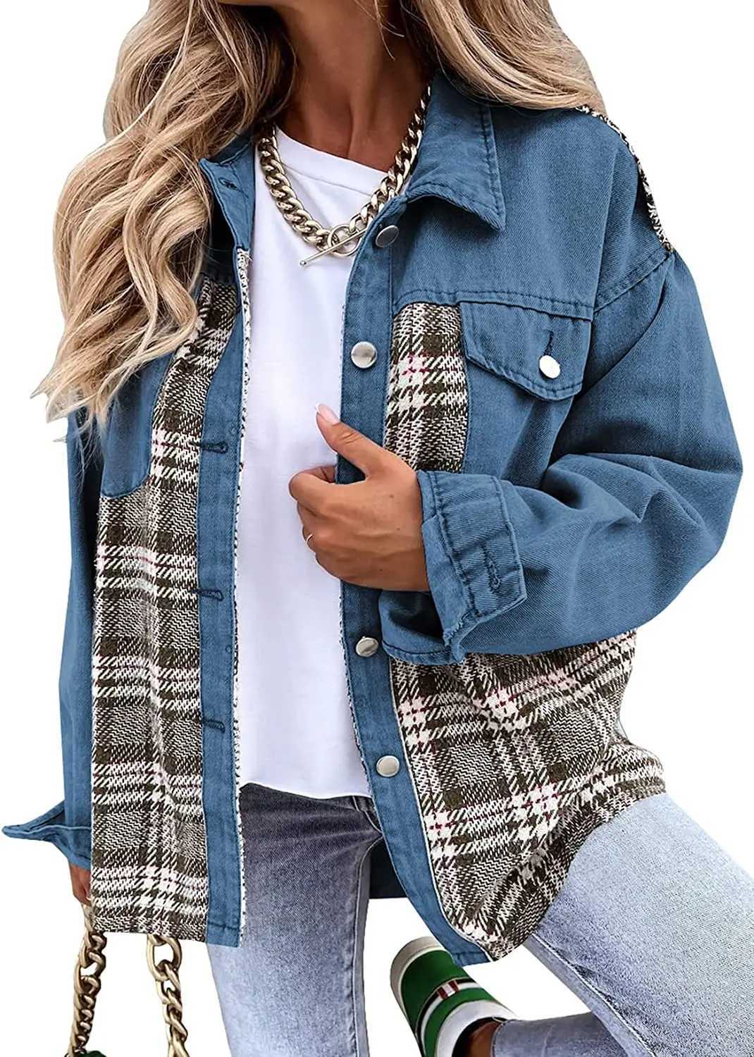 Womens Denim Jacket Long Sleeve Jean Top Plaid Button Down Shacket Jacket FashionX240920