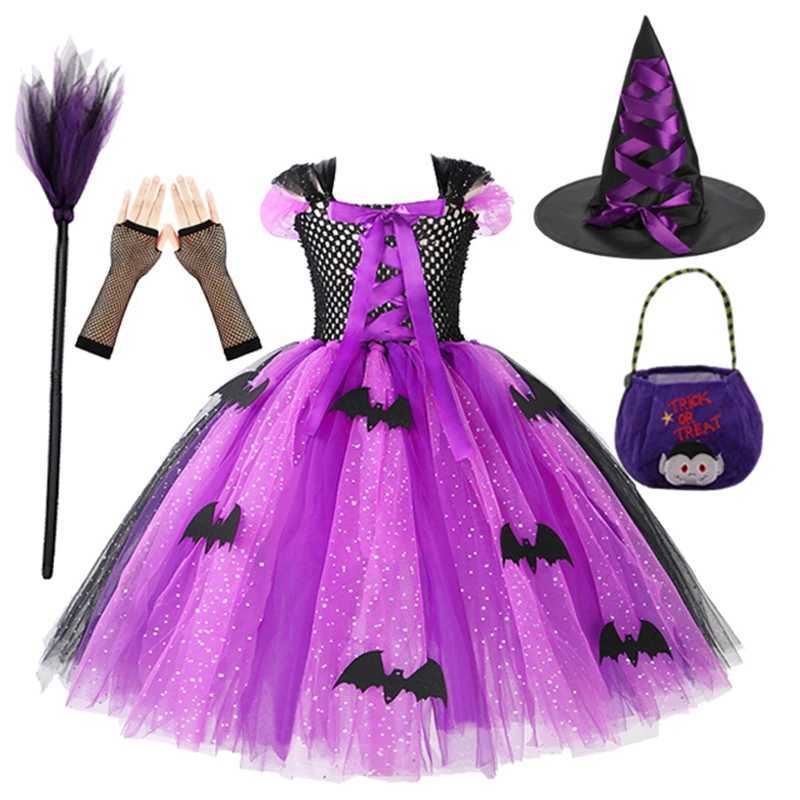 Halloween Children Girls Witch Party Tulle Dress Gothic Ghost Carnival Cosplay Costume Kids Gown Robe Knitted Dress Witch Hat Y240919