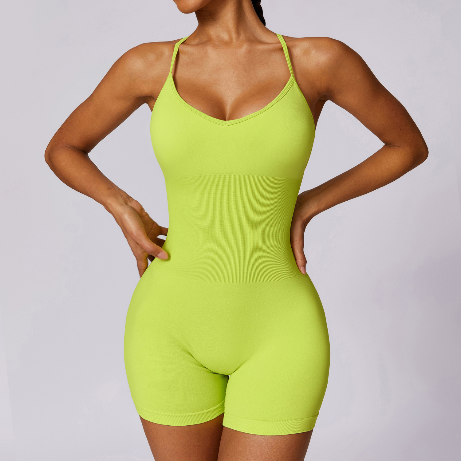 NCLAGEN Women Seamless Gym Jumpsuit Adjustable Thin Strap Sports Shorts Set Workout Playsuit Backless Cross One Piece Yoga Suit
