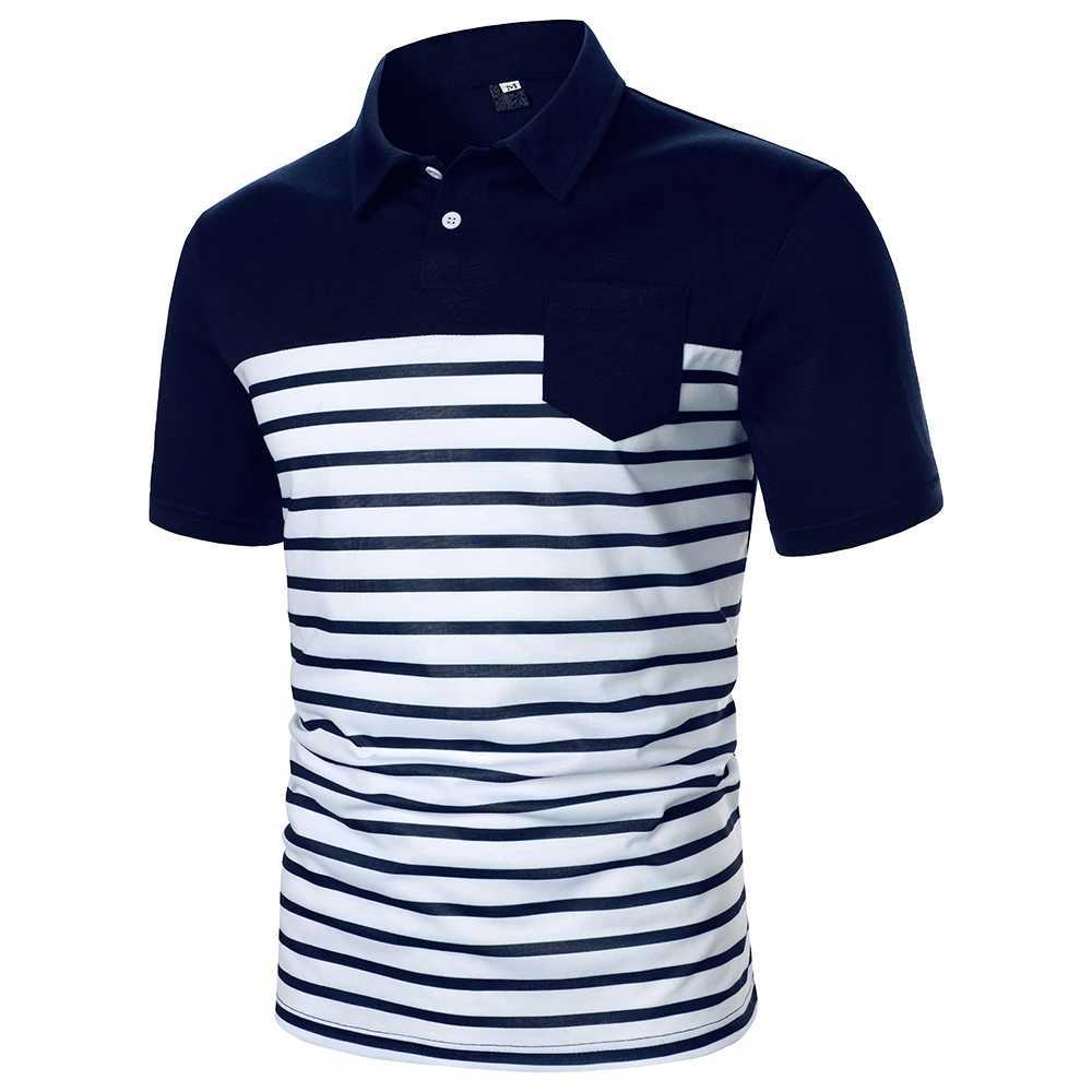 Men Short Sleeve Polo Shirt Two-Color Splicing Stripe Pocket Design Tops Streetwear Casual Fashion Contrast Color Men Polo ShirtX240920