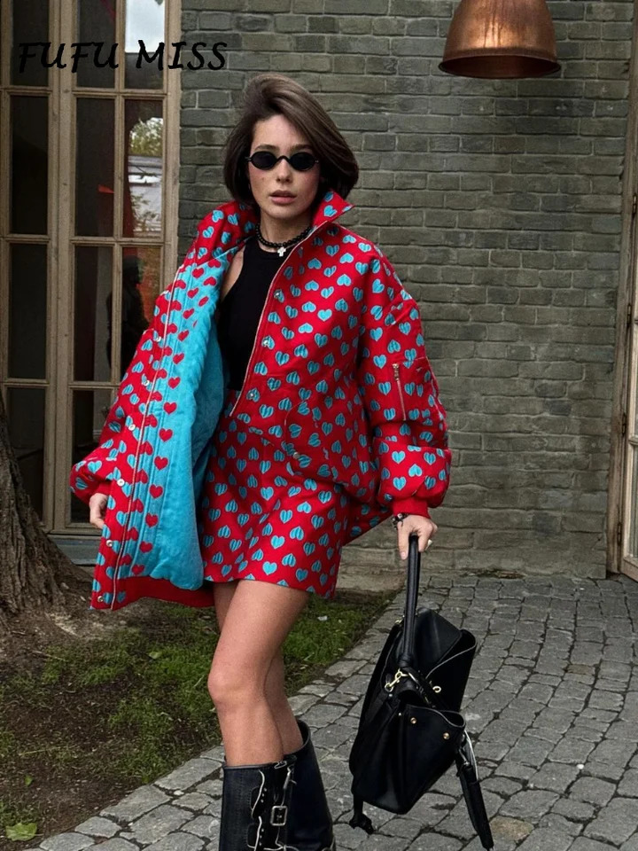 Casual printed cotton jacket womens tight fitting long sleeved zipper pocket jacket A-line tight fitting 2024 Y2k womens clothing 240919