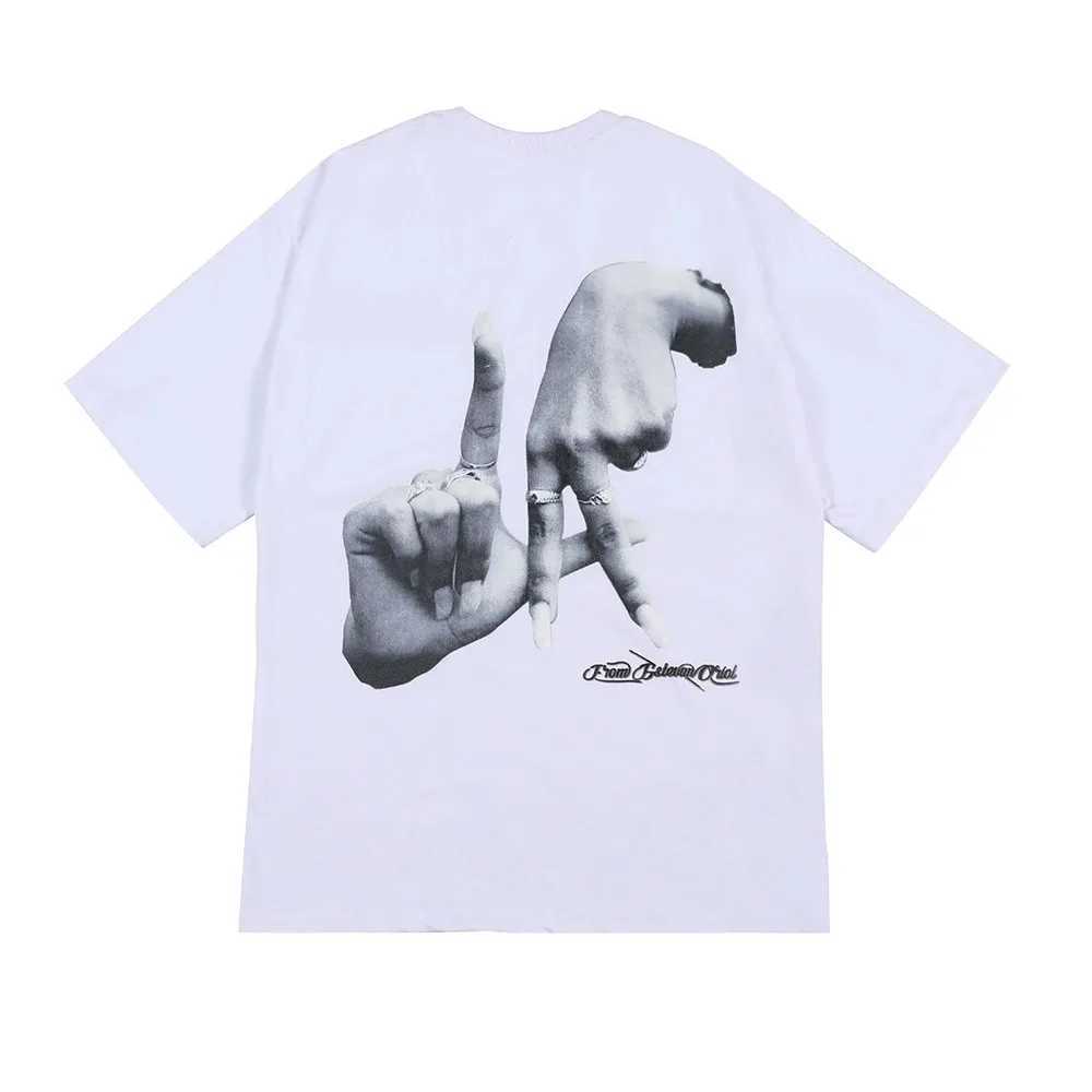 Handmade finger cross print white summer black Y2K mens and womens short sleeved T-shirt CL240913