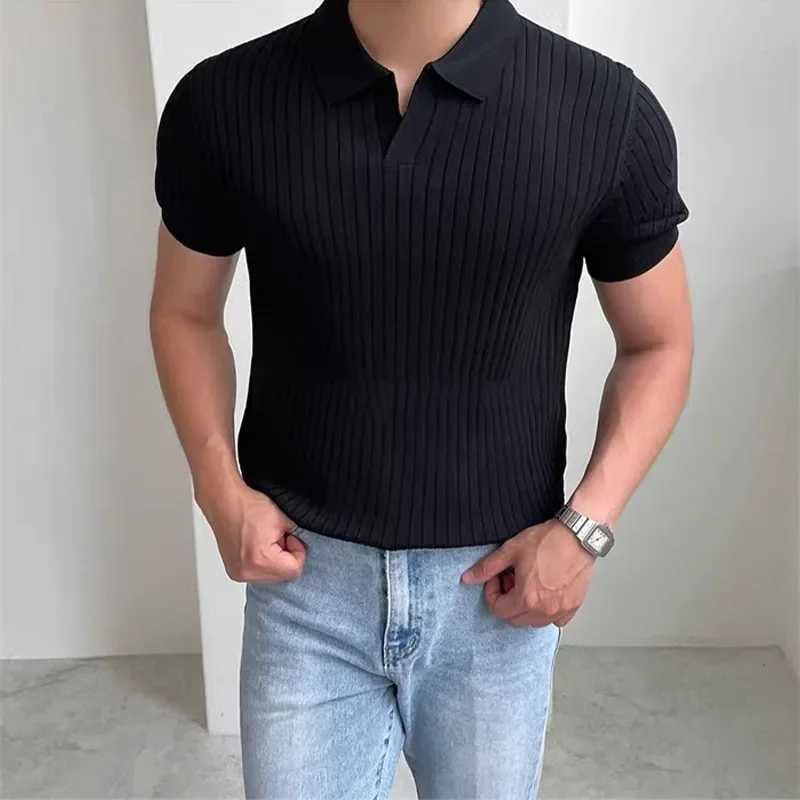 Summer Mens Slim Fit Polo Shirt Ice Silk Knit V-neck Striped Casual Business Fashion Short Sleeve T-shirt For Mature MenX240920