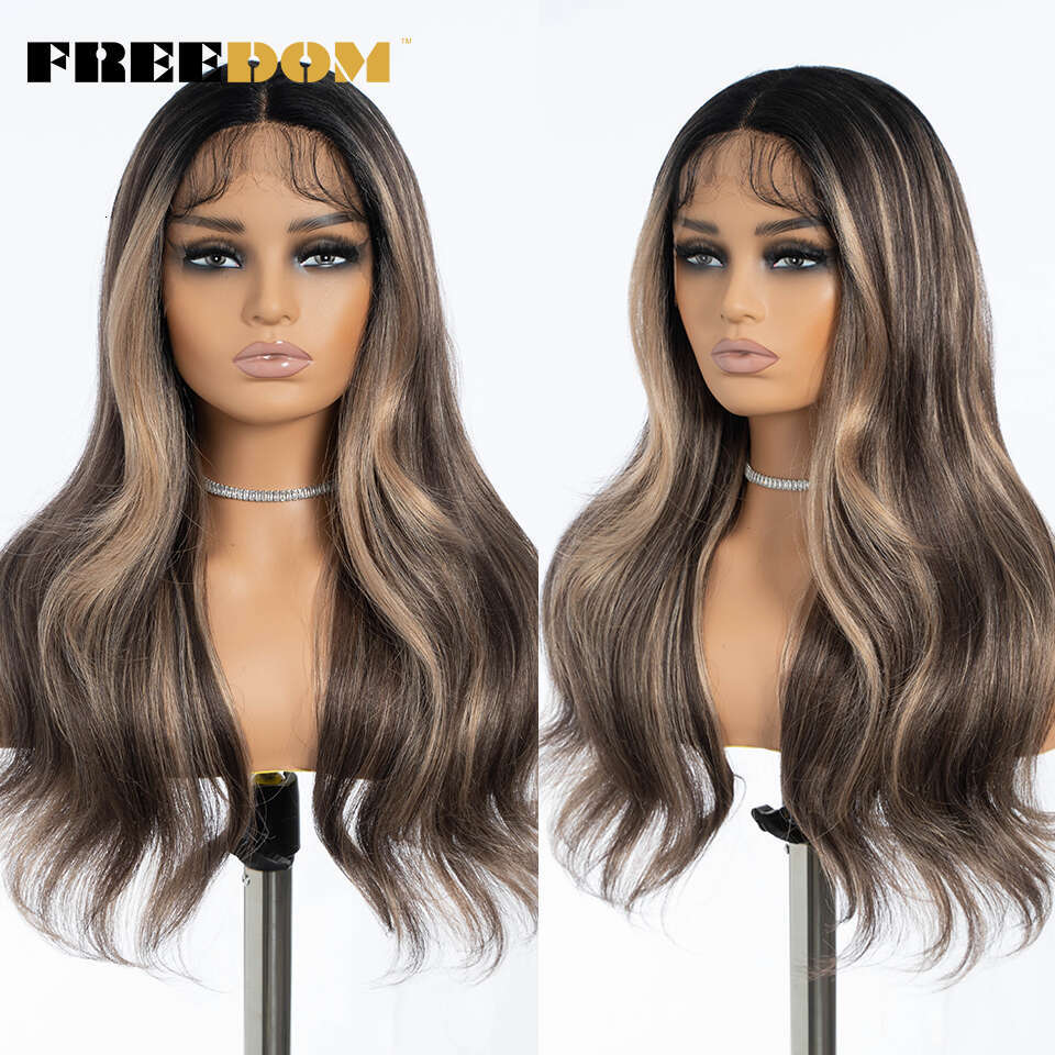 FREEDOM Synthetic Front Wigs For Women Straight Lace With Baby Hair 24 Inches Ombre Honey Brown Highlight Cosplay Wig