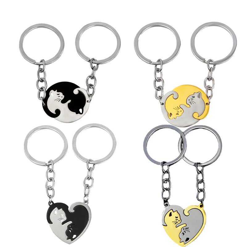 2Pcs/Set His Hers Matching Puzzle Yin Yang Cat Couples Keychains Stainless Steel Heart Key Ring BFF Couple Key Chain JewelryX240919