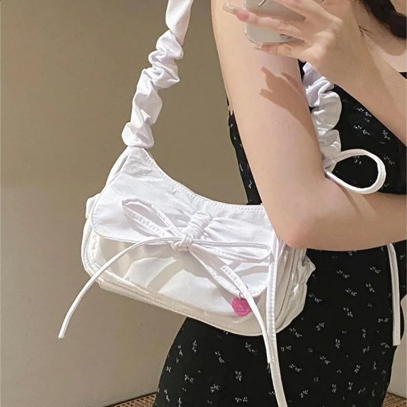 Xiuya Fashion pleated womens shoulder bag denim sweet bow cute casual handbag literature Korean ner handheld 240919