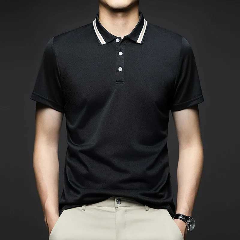 Mens Fashion Solid Short Sleeved Striped Lapel Polo Shirt Summer Breathable Comfortable TopX240920