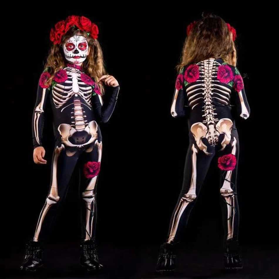 Girls Halloween Scary Skeleton Cosplay Rose Sexy Devil Jumpsuit Party Carnival Scary Children Costume Day Of The Dead Clothes Y240919