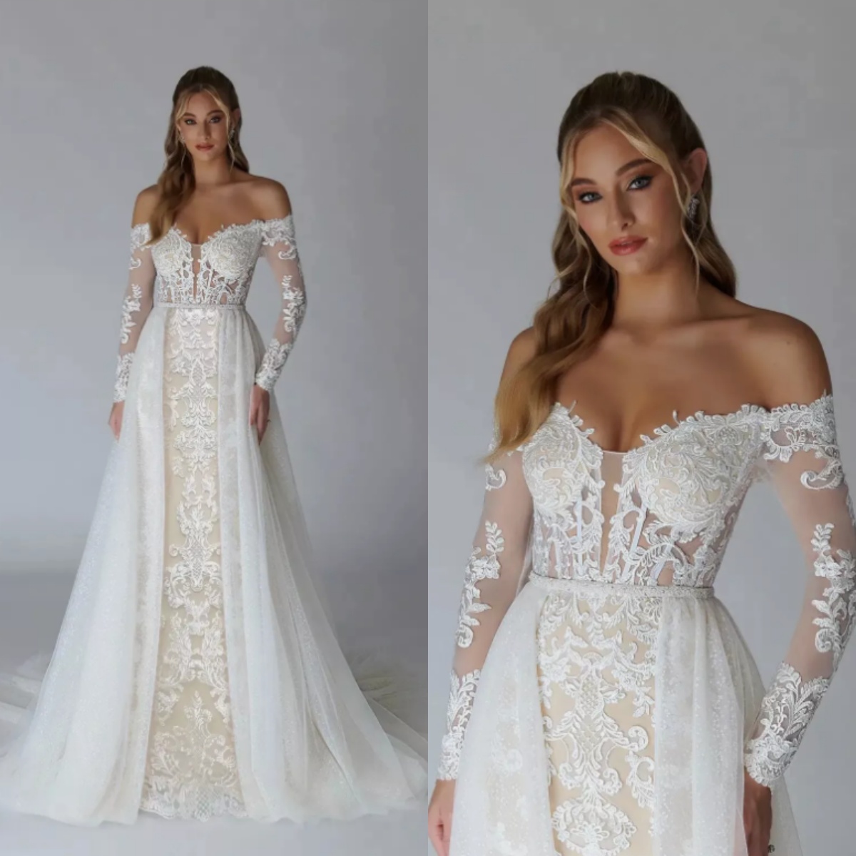 Classic Mermaid Bridal Dresses Off Shoulder Long Sleeves Wedding Dress Lace Appliques Detachable Train Bridal Gown Custom Made