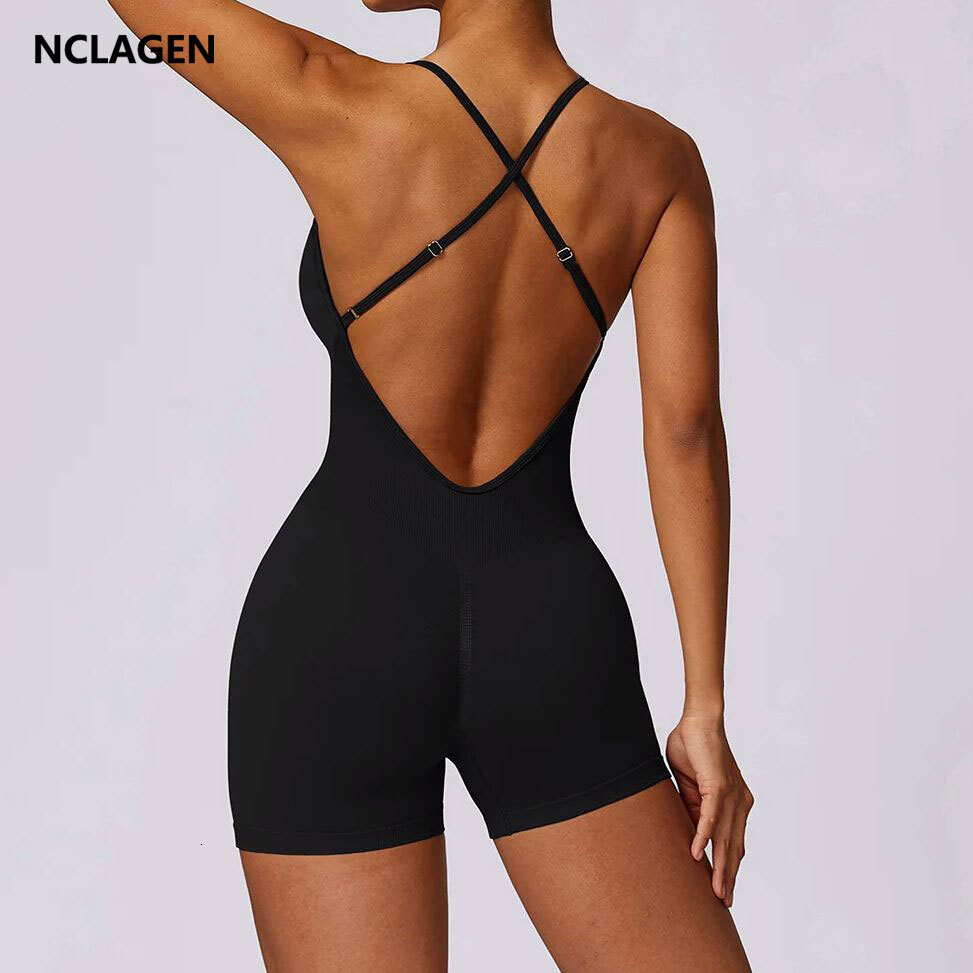 NCLAGEN Women Seamless Gym Jumpsuit Adjustable Thin Strap Sports Shorts Set Workout Playsuit Backless Cross One Piece Yoga Suit