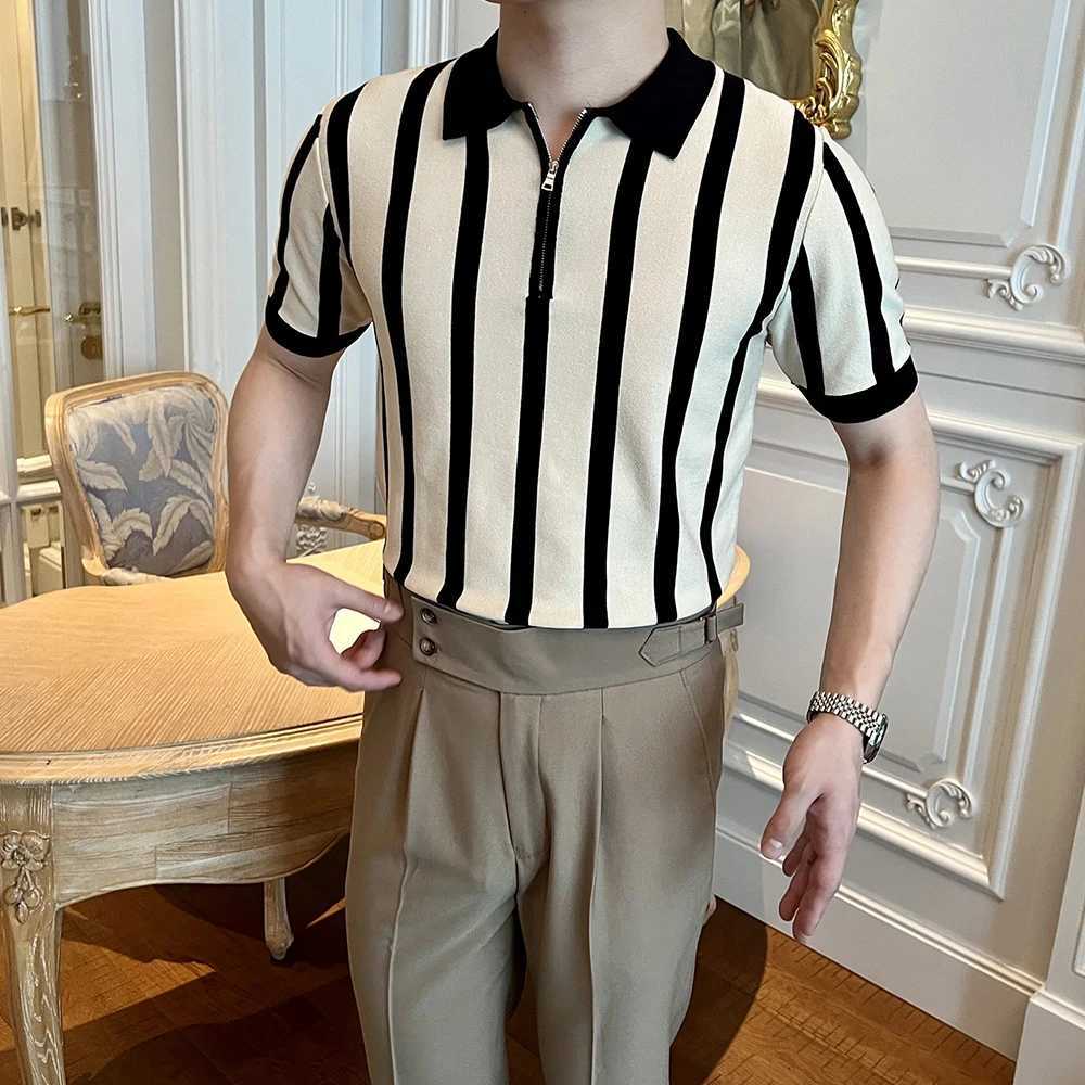 Mens Clothing Leisure Light Luxury Knitted Polo Shirt Korean Striped Zipper Short Sleeve Retro Breathable Fashion Knitwear TeesX240920