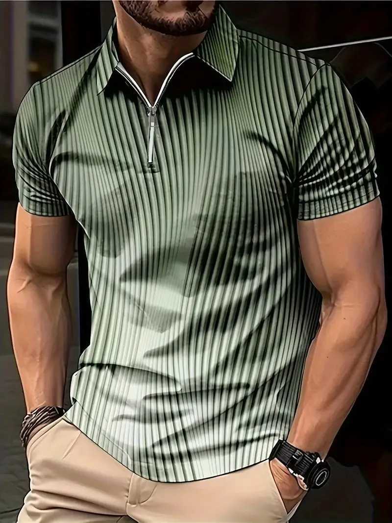 Mens Colour Block Stripe Short Sleeve Summer Thin Polo ShirtStylish Zipper Crew Neck Polo ShirtMens Golf Casual Polo ShirtX240920