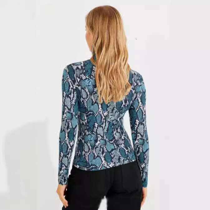 Hallowmas 2024 autumn new leopard slim fit exposed chest long sleeved python print open neck T-shirt