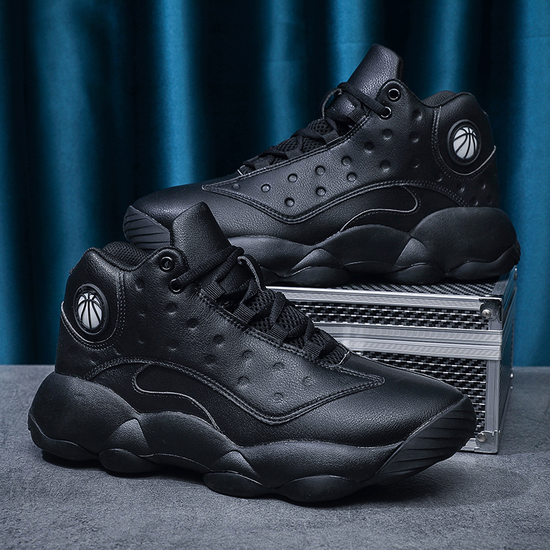 Black and white leather large size 46 basketball shoes for men's spring and autumn waterproof sports running shoes