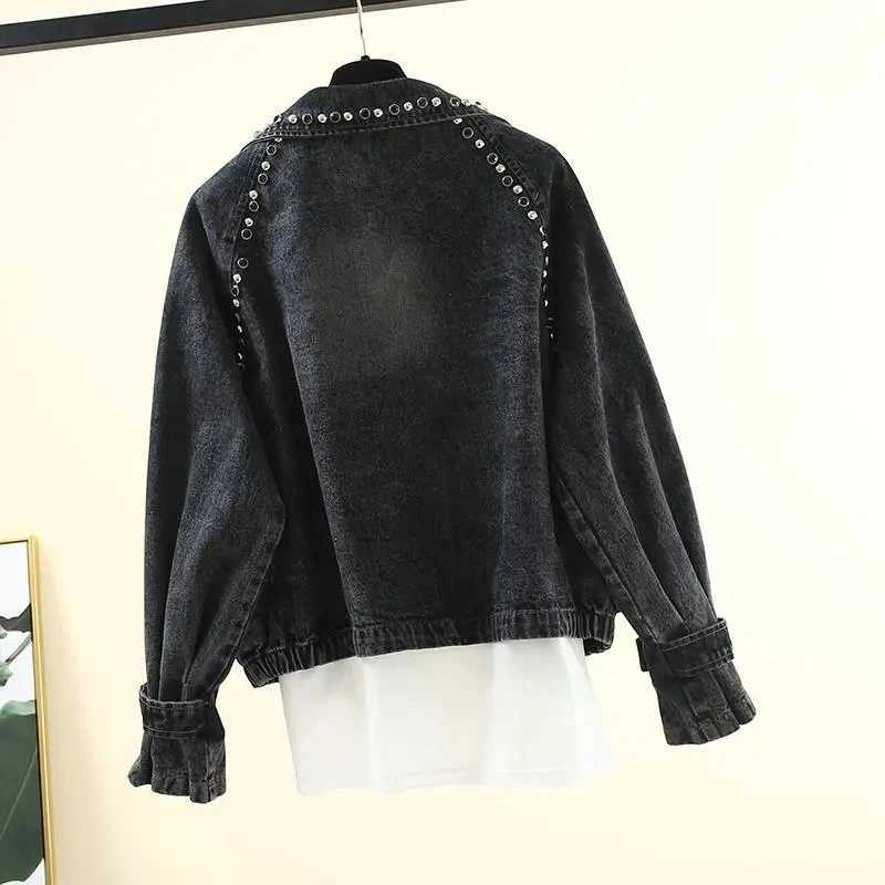 Turn-down Collar Nail Bead Denim Jacket Women Loose Zipper Outwear Jean Coat Female Spring And Autumn Jacket Blue Black JacketsX240920