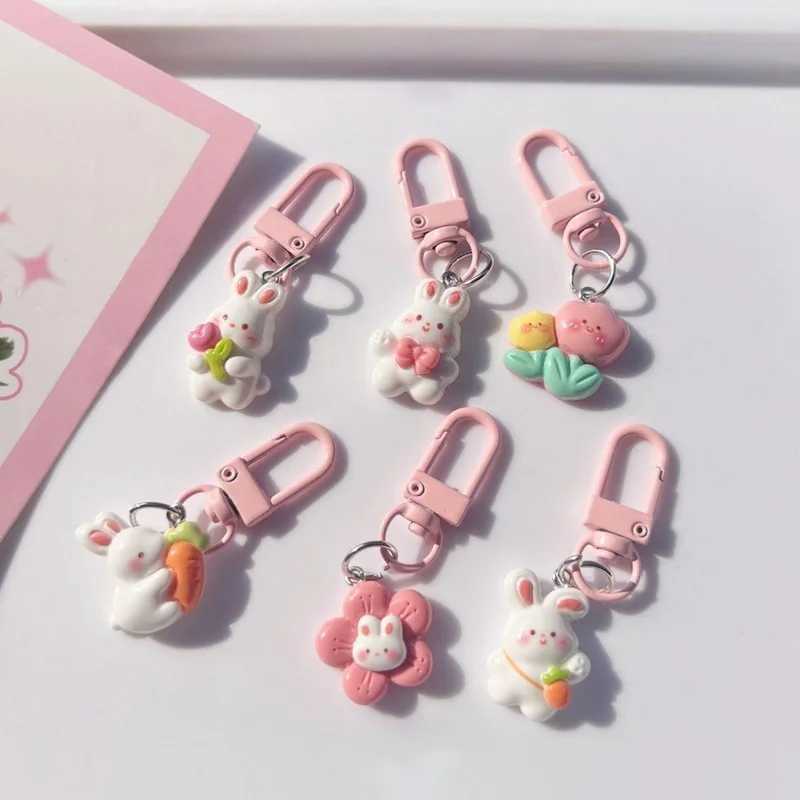 Fashion Pink Cartoon Cute Rabbit Key Chain Sweet Girls Carrot Bunny Flowers Keychain Bag Backpack Pendant Accessory GiftsX240919