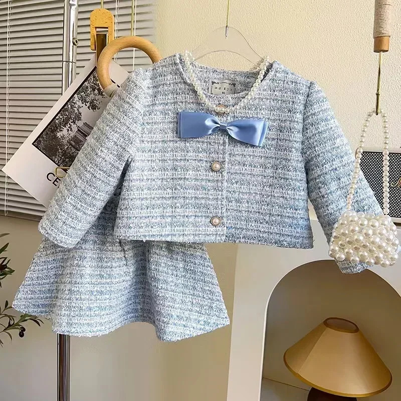 Girl 2 Piece Tweed Set Winter Suit Clothes for 1-10Years Childrens Cotton Padded Jacket CoatSkirt Kids Classic Outfits 240913