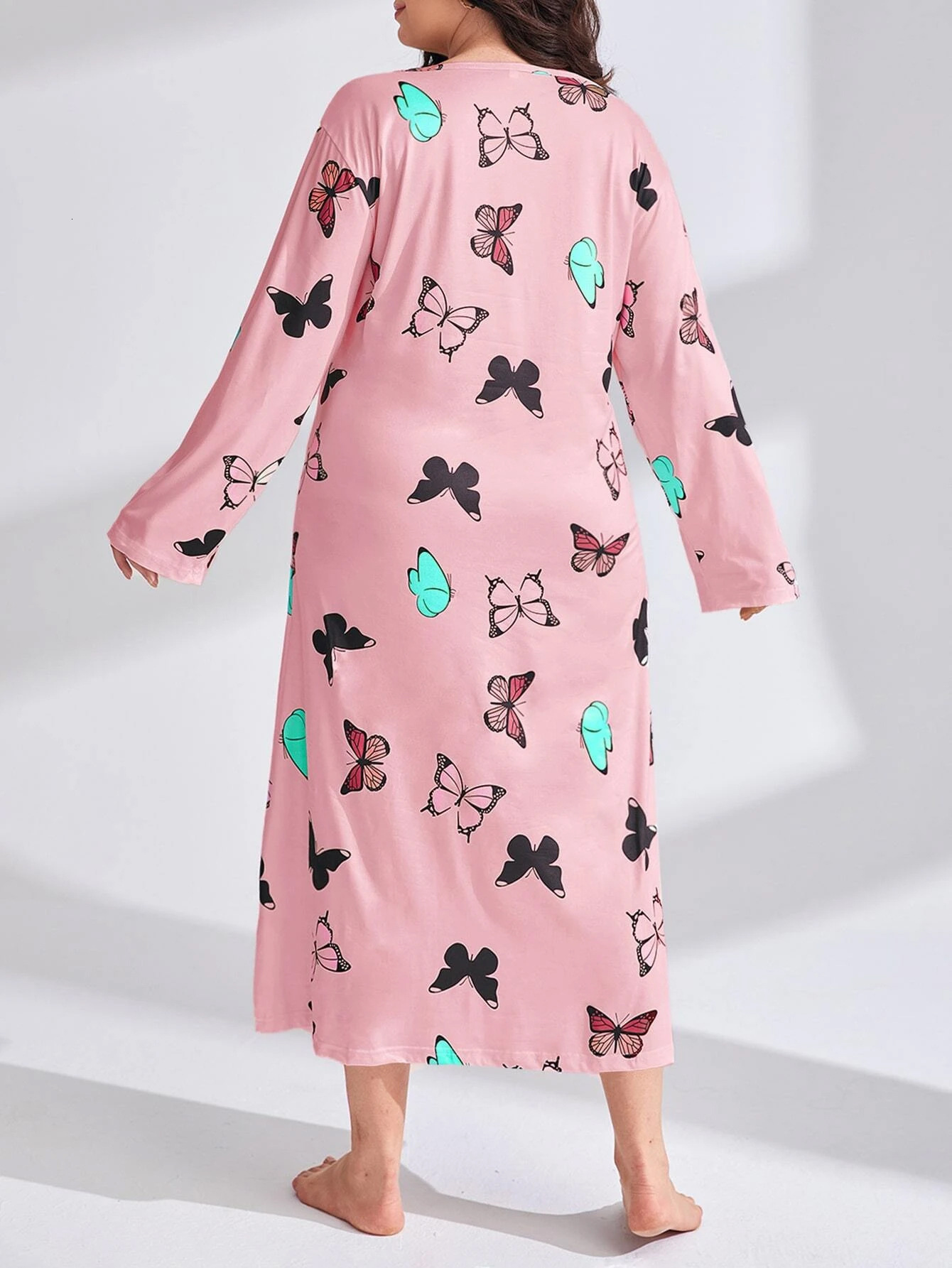 2024 Fat Po Women's Long sleeved Butterfly Heart Leopard Print Drop Shoulder Large Size Sleeping Dress