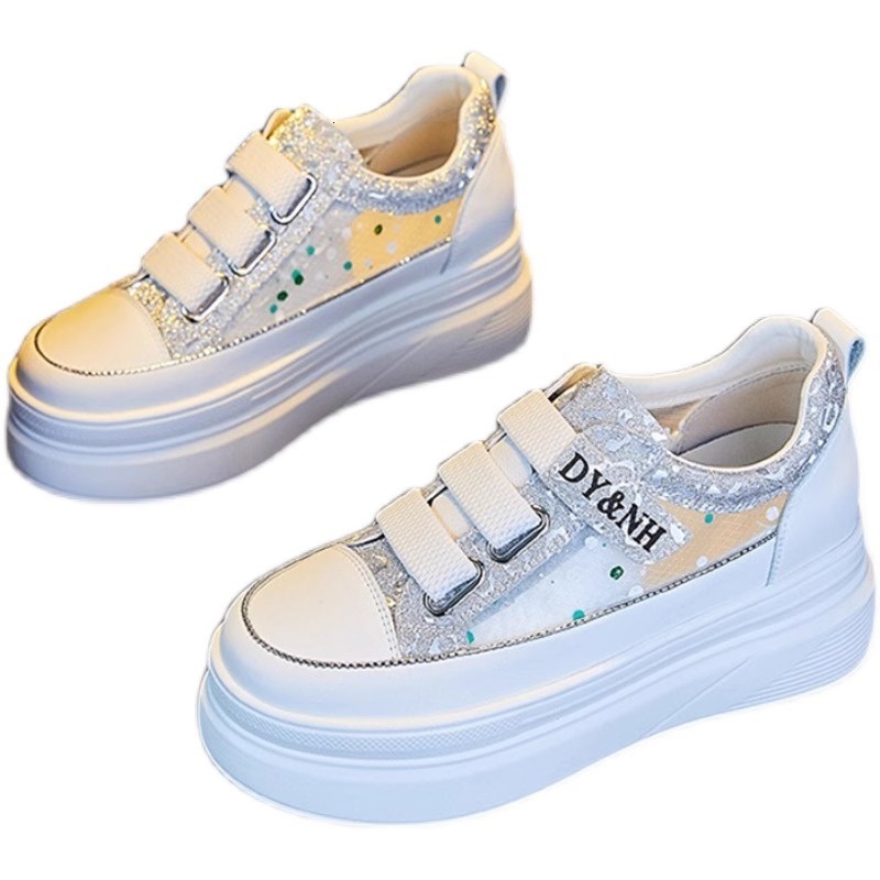Female 2024 summer new hollow mesh breathable thin sponge cake thick sole fashionable casual with increased height inside white shoes