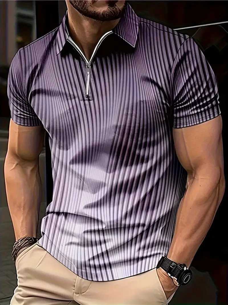 Mens Colour Block Stripe Short Sleeve Summer Thin Polo ShirtStylish Zipper Crew Neck Polo ShirtMens Golf Casual Polo ShirtX240920