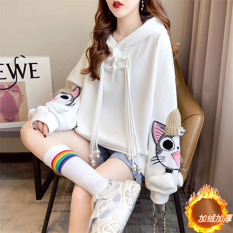 Hallowmas Thickened Plush Hoodie Women in Autumn Winter Korean Version Loose Oversized Design Feeg Niche Cute and Versatile for Small Figures Autumn D
