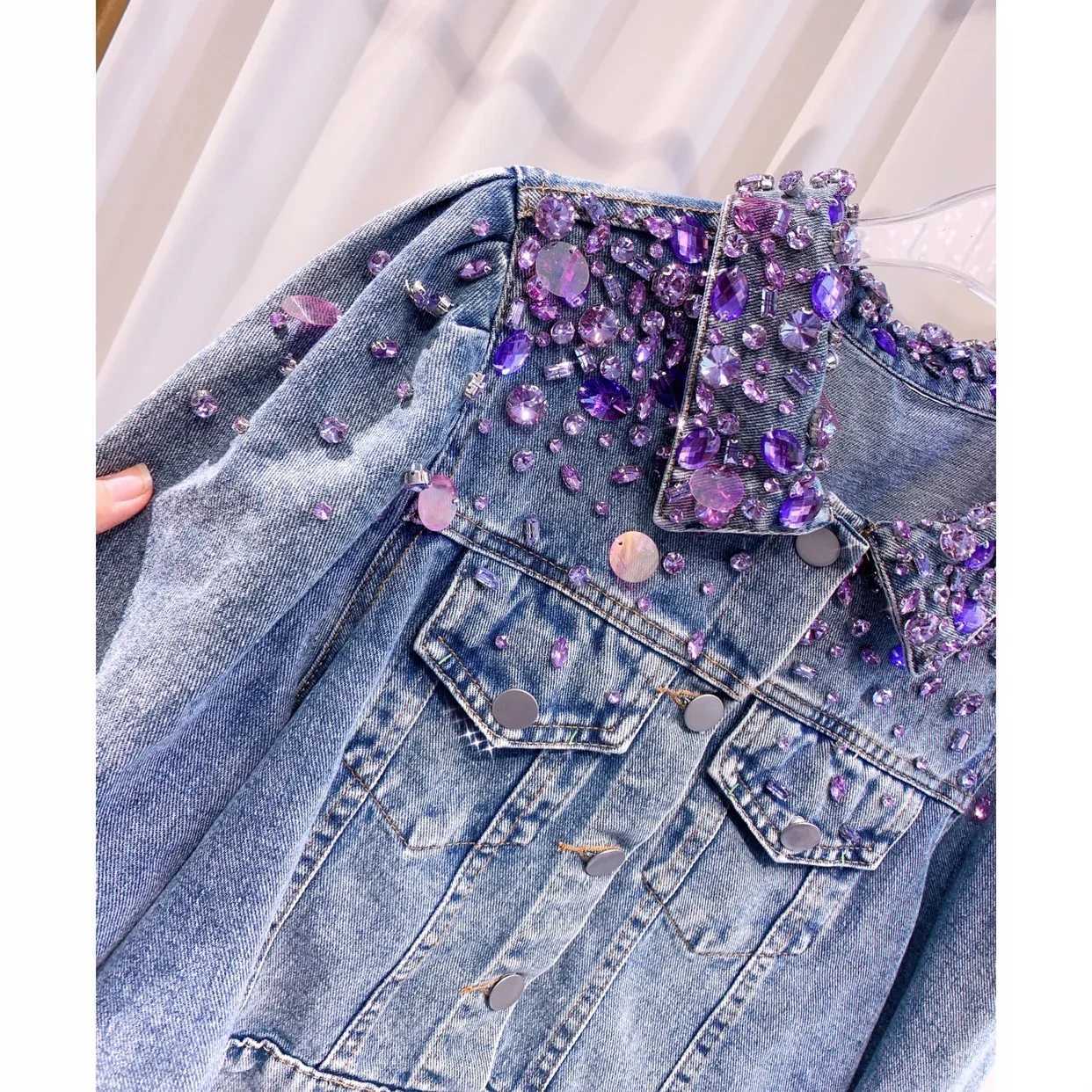 Women Retro Purple Rhinestones Beaded Denim Jacket Spring Short Sequined Jeans Coat Cowboy Cardigan Jaqueta Crop Tops 2023X240920