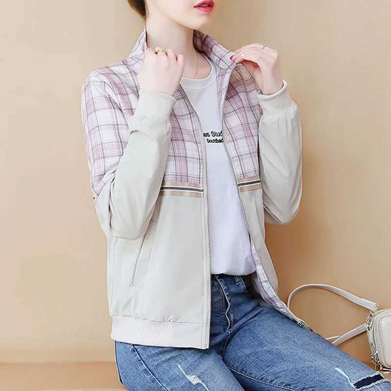 New Spring and Autumn Fashion Korean Edition Spliced Checkered Standing Collar Versatile Casual Simple Womens Jacket CoatX240920