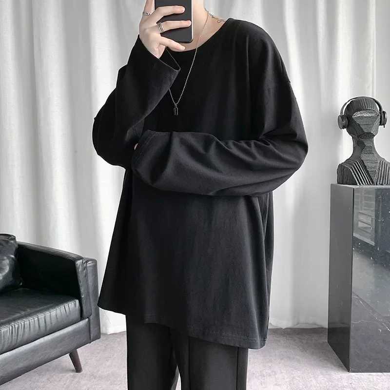 White Long Sleeve Loose-fit Casual T-shirt For Men Spring Autumn Trendy Hong Kong Korean Style Versatile Solid Color TopX240919