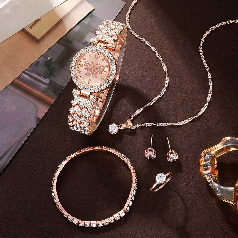 6pcs Jewelry Set Rose Gold Luxury Watch Women Ring Necklace Earring Rhinestone Fashion Wristwatch Casual Ladies WatchesX240920