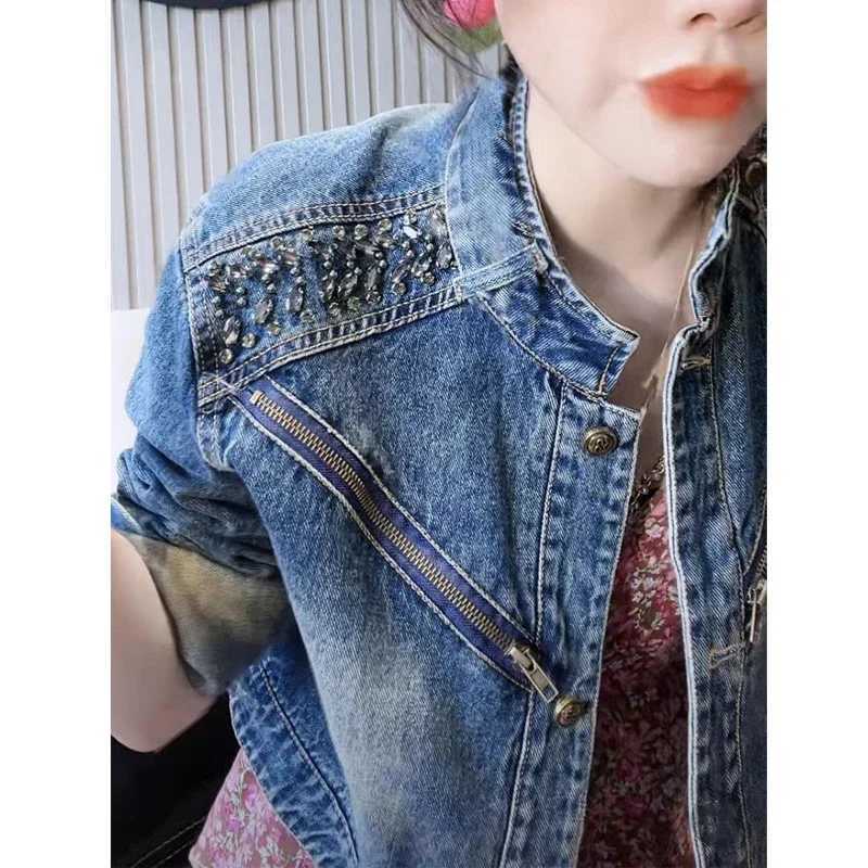 Women Trendy Vintage Y2K Streetwear Rhinestone Zipper Button Denim Jacket Casual Stand Collar Long Sleeve Outerwears Coat Z565X240920