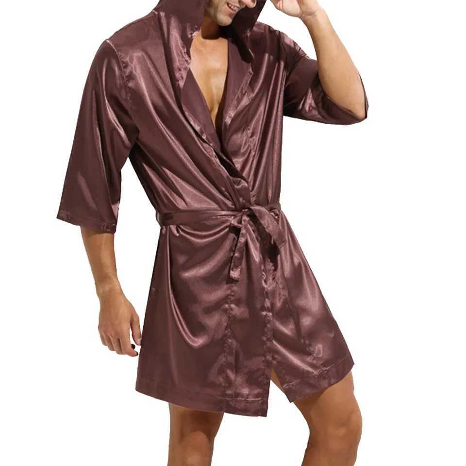 Mens Hooded Loose Satin Silk Bathrobe Pajamas Sleepwear Large Size Lace-up Nightgown Nightwear Long Sleeve Bath Robe Nightwear Y240919