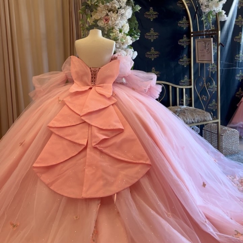 Pink Quinceanera Dresses Ball Gown Puff Sleeve Bow Beaded Crystal Tull Corset Off The Shoulder Sweet 16 Dress Vestidos De 15 Anos