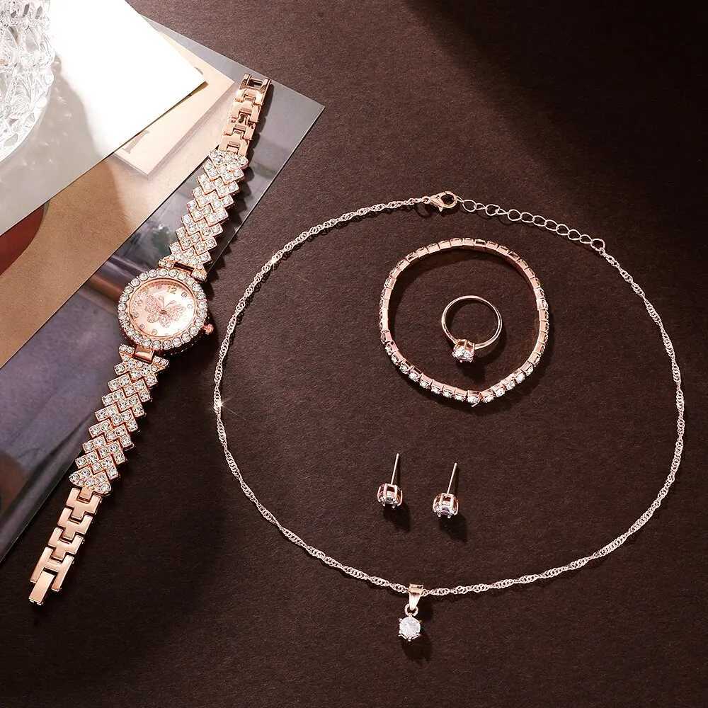 6pcs Jewelry Set Rose Gold Luxury Watch Women Ring Necklace Earring Rhinestone Fashion Wristwatch Casual Ladies WatchesX240920