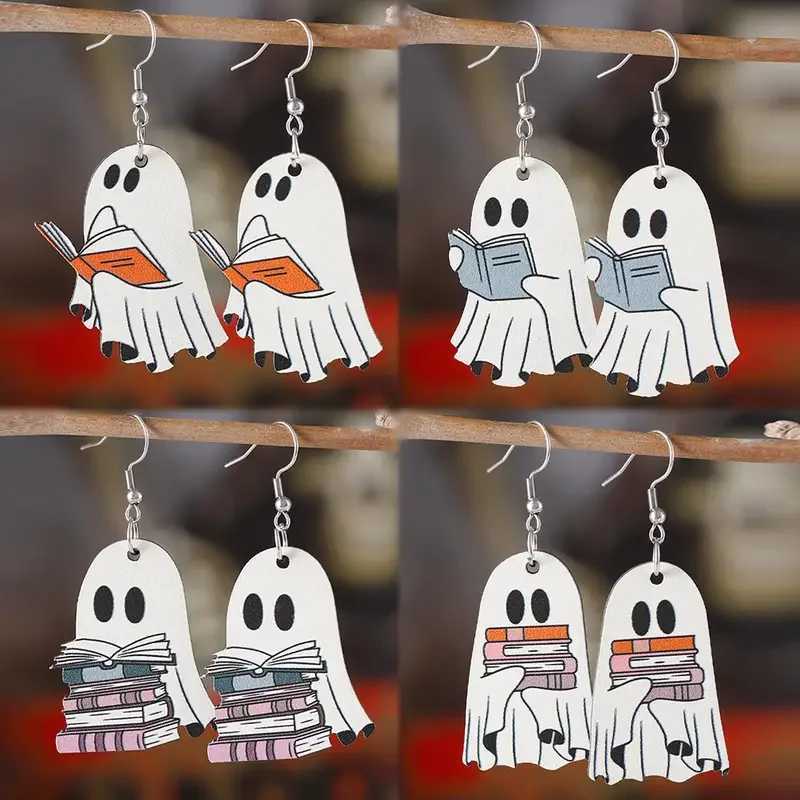 Charming Halloween Ghost Book Dangle Earrings - Vintage Wooden Gothic Style Stainless Steel Hooks Perfect For Parties Ever Y240919