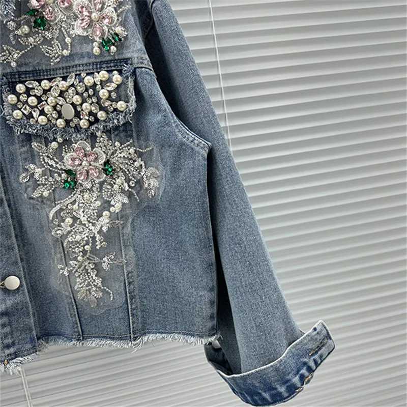 Blue Casual Short Denim Jacket Fashion Pearl Beaded Sequin Flowers Spring Women Loose Korean Lapel Long Sleeve Jeans Jacket CoatX240920