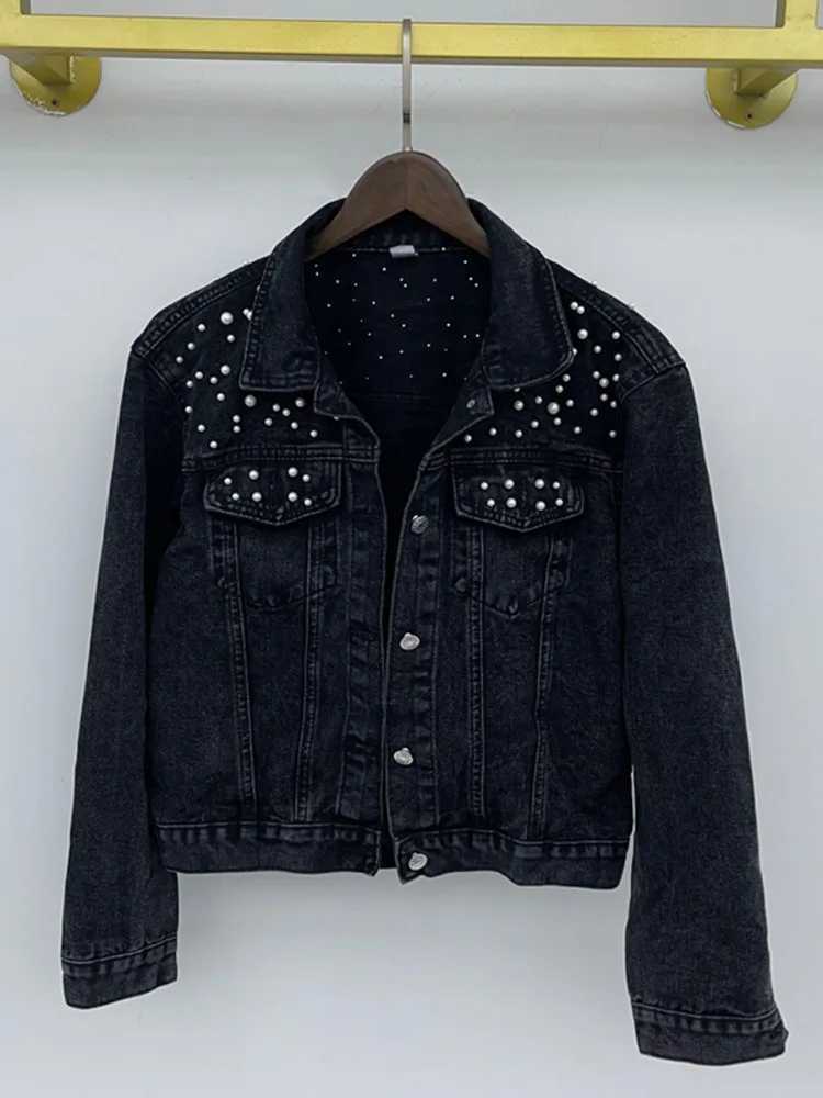 DEAT Fast Delivery New Autumn Fashion Womens Denim Jacket Full Sleeve Loose Button Pearls Short Lapel Wild Casual 2024 AP446X240920