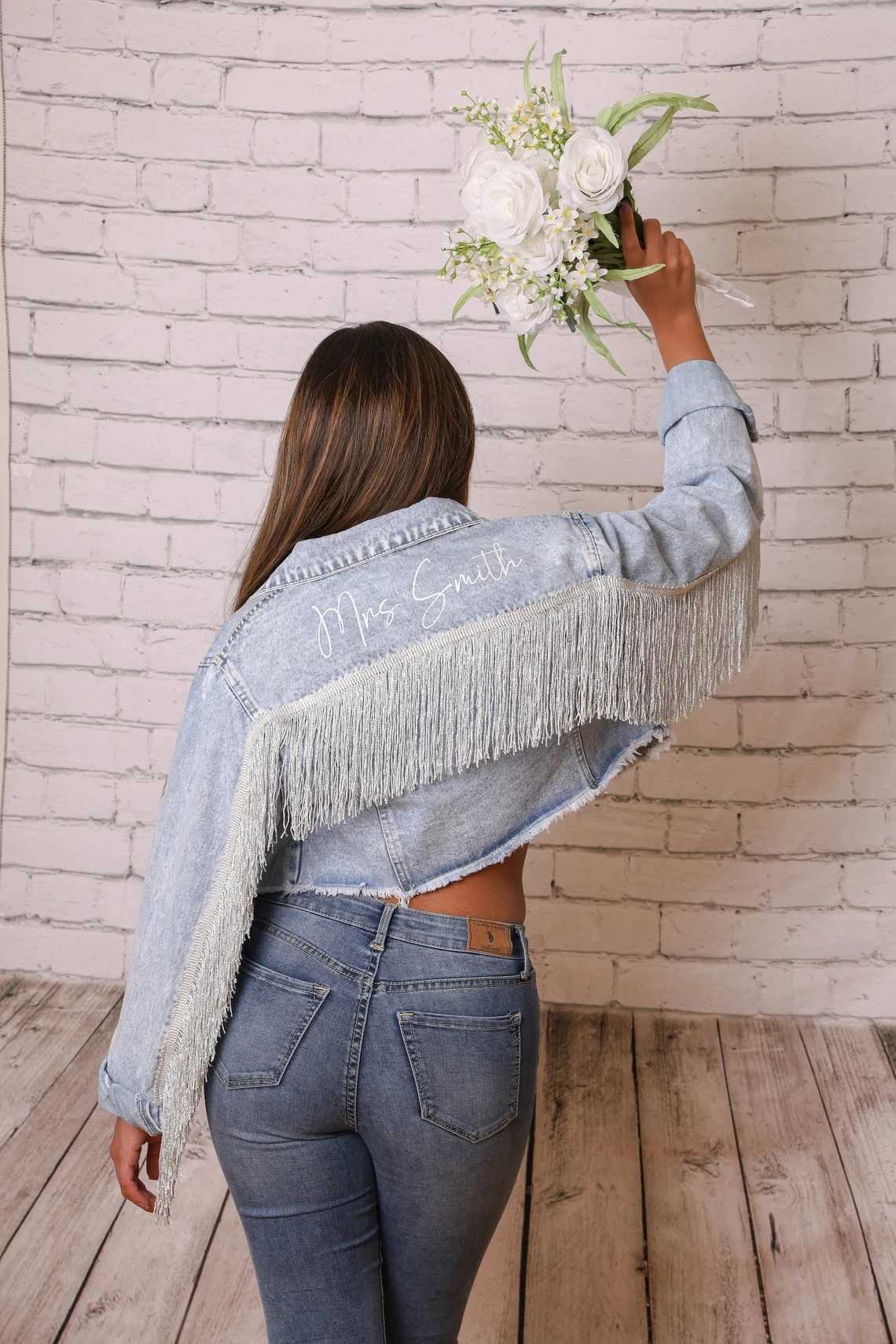 Denim Fringe Crop Jacket Bride Jean Mrs Personalized Wedding Bridal Engagement Gift Custom Bridal Party Jackets With TasselsX240920