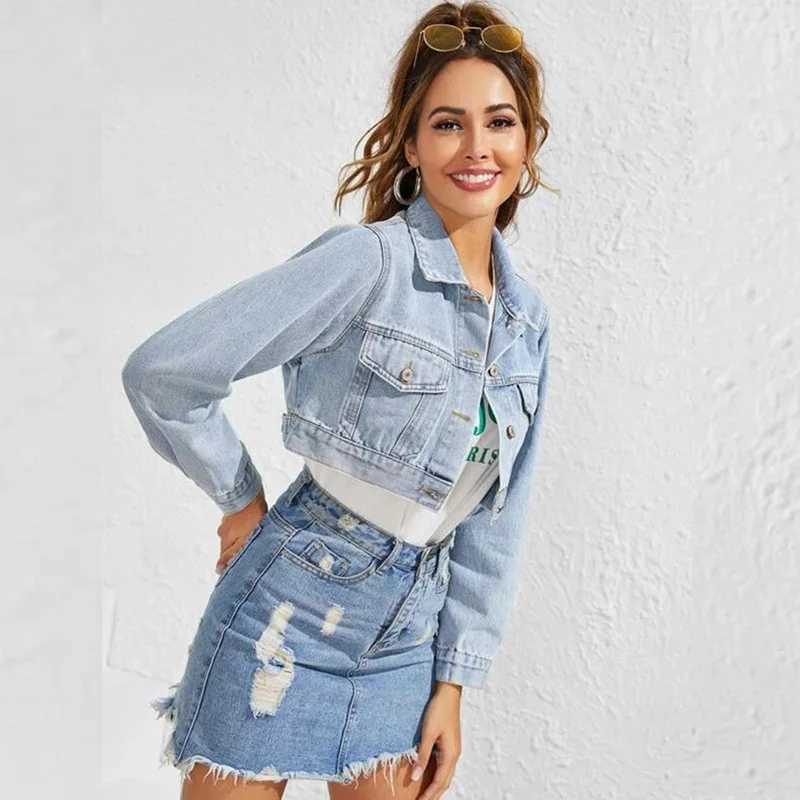 Womens denim jacket - fashionable lapel ultra short washed blue jacket high-qualityX240920