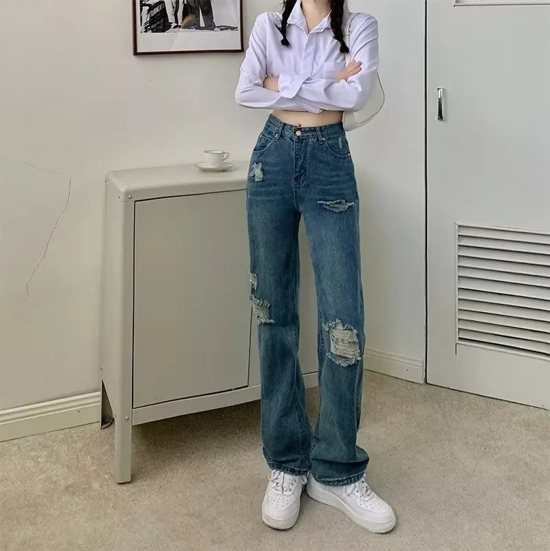 2026 High waisted Straight leg Ripped Jeans Women s Autumn New Loose fit Draped Wide leg Dragging Pants Wholesale