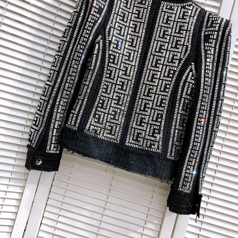 HIGH STREET Latest er Fashion Womens Shoulder Flower Emblem Rhinestone Diamond Beaded Wool Blended Coarse Linen Jacket 240919