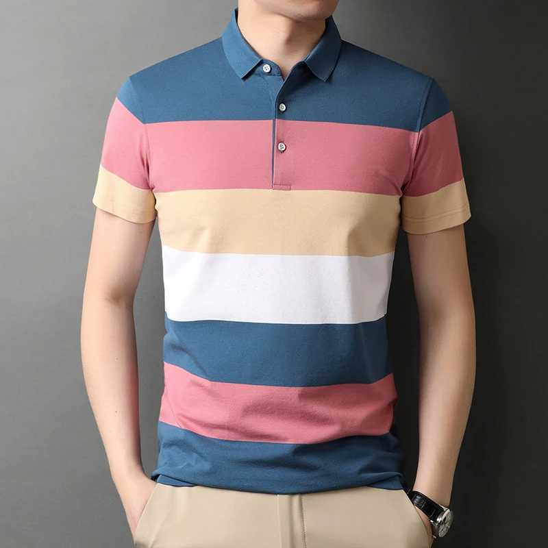 Mens Polo T Shirt Business Casual Simple Stripes Print Summer Short-Sleeve Polo Shirt Fashion Street Wear Oversized ClothesX240920