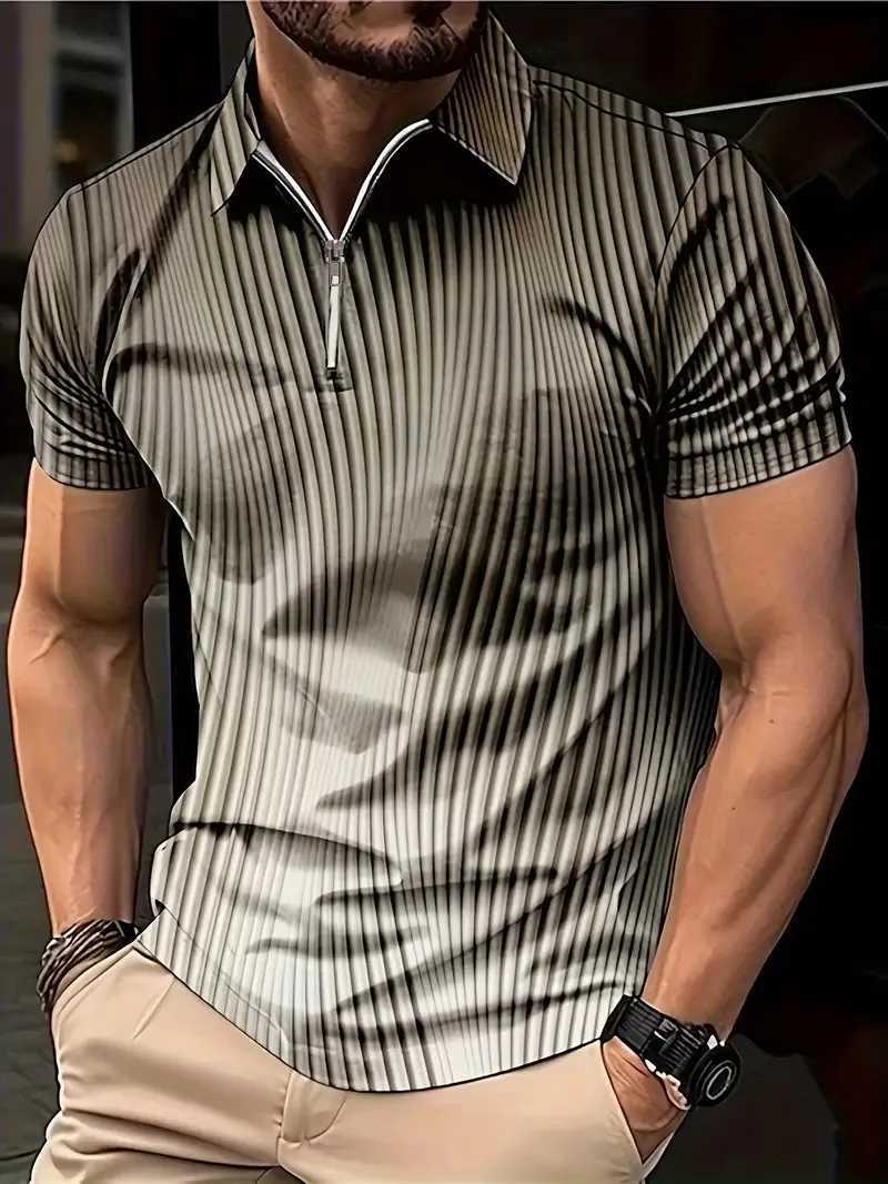 Mens Colour Block Stripe Short Sleeve Summer Thin Polo ShirtStylish Zipper Crew Neck Polo ShirtMens Golf Casual Polo ShirtX240920