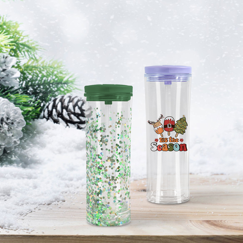 20oz Snow globe Pre-drilled hole plastic cup double wall Acrylic tumbler for Vinyl UV DTF sticker DIY Drinkware drinking cups plug free