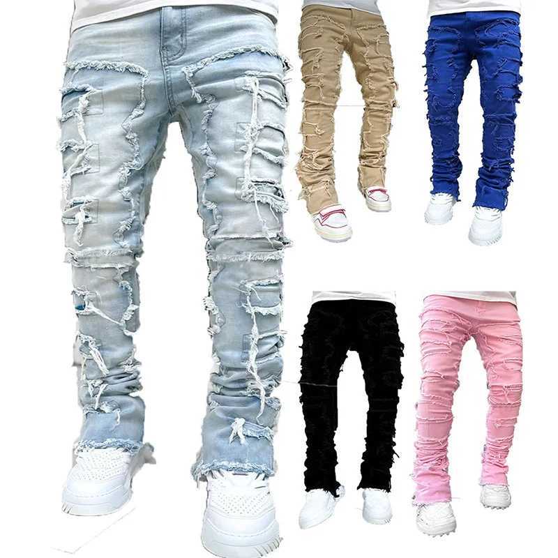 Mens streetwear ripped jeans fashionable cool stretch pink stacked edge denim pants mens Y2K punk patch work hip-hop pants CL240921