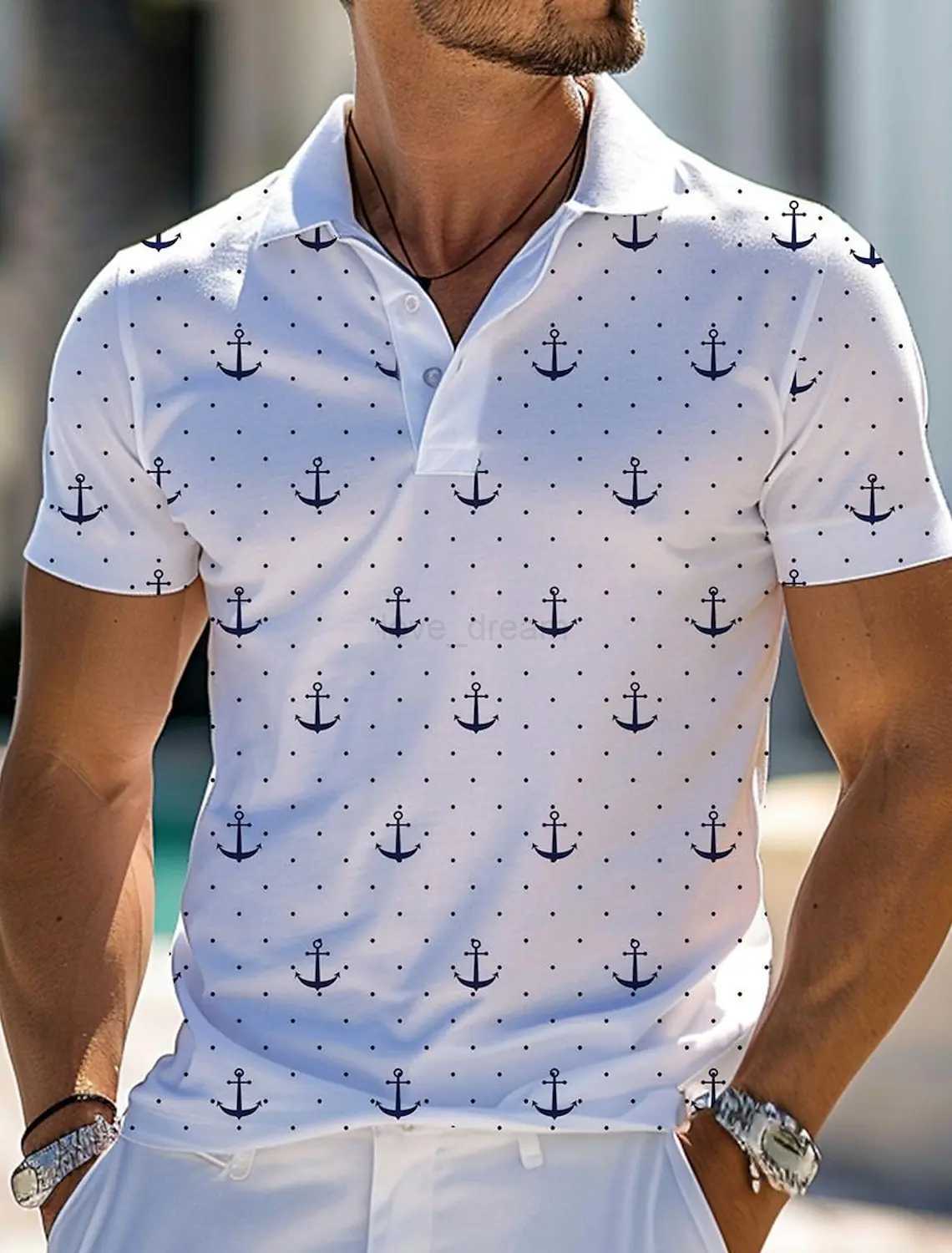 Striped Anchor Mens Casual 3D Polo Shirt Street Polyester Short Sleeve Turndown Polo Shirts Summer Micro-elastic Lapel PoloXJ240920