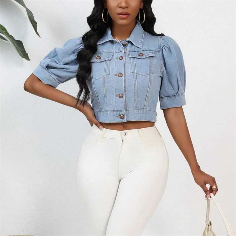 Women New Lapel Single Breasted Cardigan Denim Short Jacket Bubble Sleeve Outerwear Summer Casual Female Coat Stylish StreetwearX240920