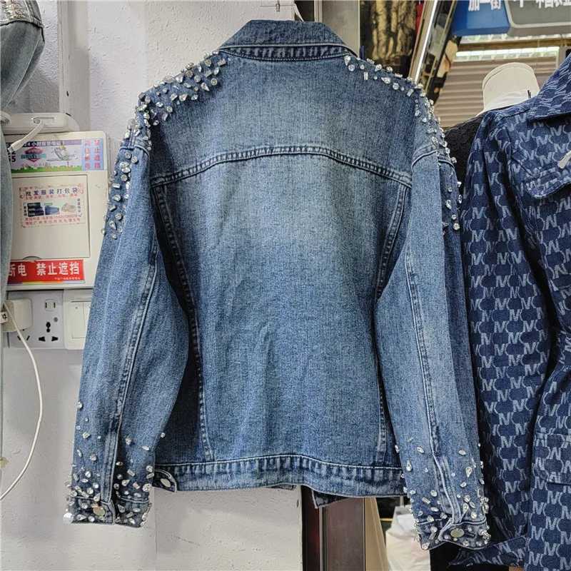 Vintage Beaded Diamonds Blue Short Jeans Jacket Spring Women Loose Lapel Single-breasted Female Denim Jacket Casual Basic CoatX240920