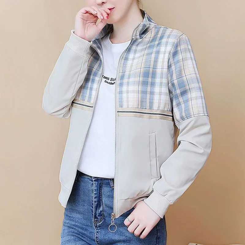 New Spring and Autumn Fashion Korean Edition Spliced Checkered Standing Collar Versatile Casual Simple Womens Jacket CoatX240920