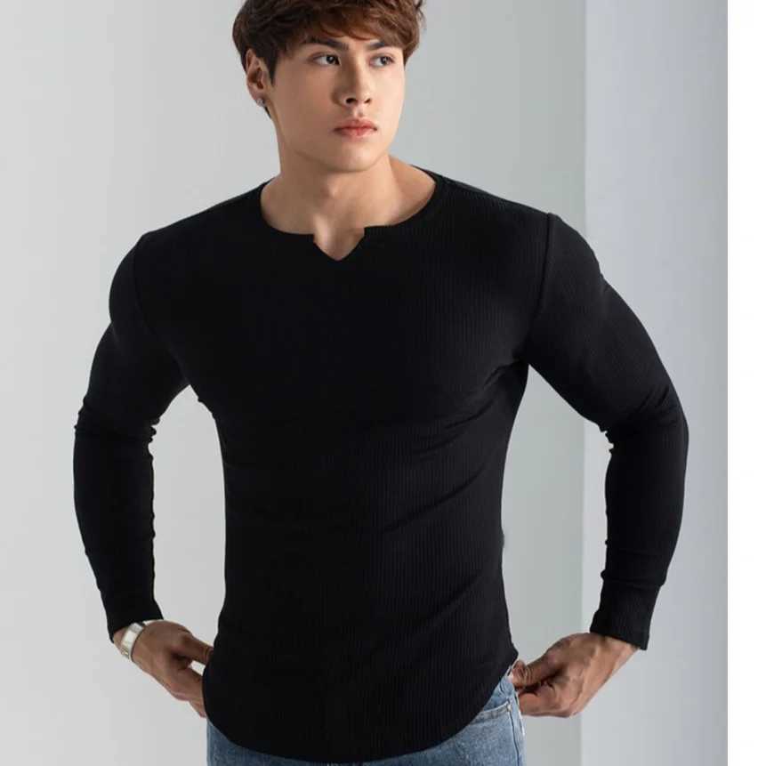 Men Summer Slim Fit Fashion Long Sleeved Top Fitness Motion Hip Hop Streetwear Running And Fitness V Neck Trend TopX240919