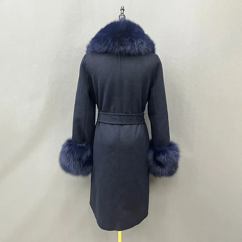 Arrival Lady Winter Wool Coats Fox Fur Collar Cuff Trench Coat Womens Long Outerwear QN3814 240911